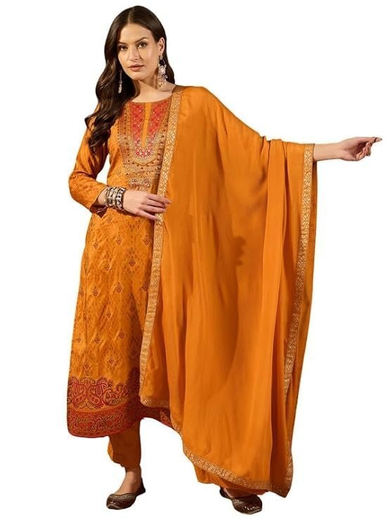 Vaamsi Women's Mustard Silk Ikat Straight Woven Kurta Pant With Dupatta Set | Straight Kurta Set For Women | Woven Salwar Suit For Women