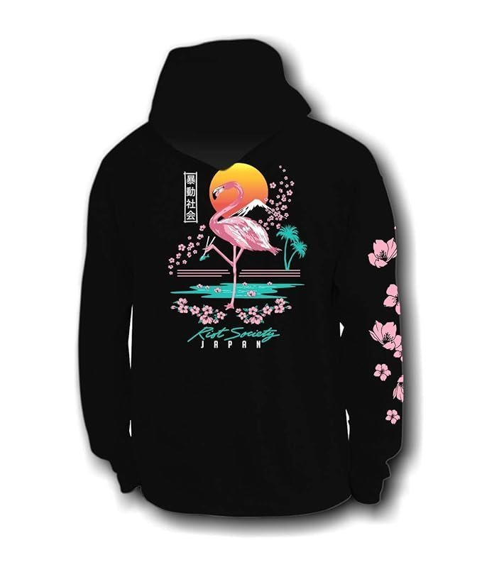 Society Flamingo Blossom Mens Hoodie - Black