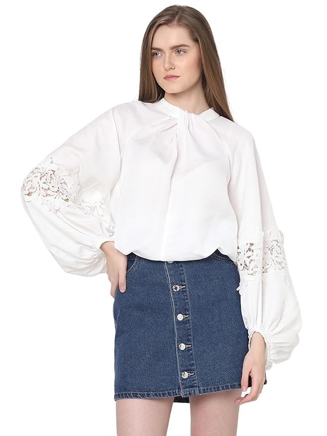 VERO MODA Tie-Up Neck Puff Sleeves Gathered Lace Detail Top