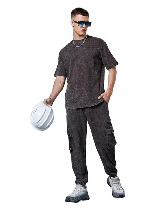 Bewakoof Heavy Duty 1.0 Men's Self Design Oversized Fit Half Sleeve Round Neck Terry Acid Wash Co-Ordinates T-Shirt