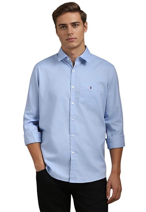 Louis Philippe Men's Easy to Care Cotton Slim fit Solid Casual Shirt with Natural Stretch