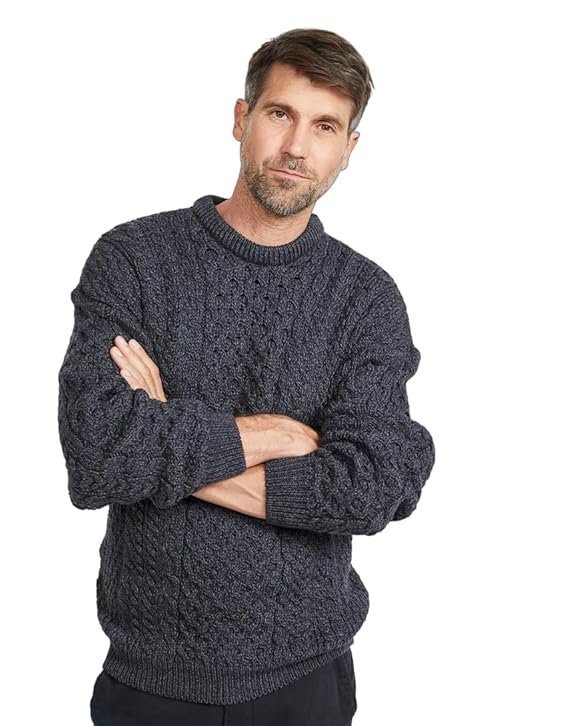100% Irish Merino Wool Traditional Crew Neck Aran Sweater by Carraig Donn