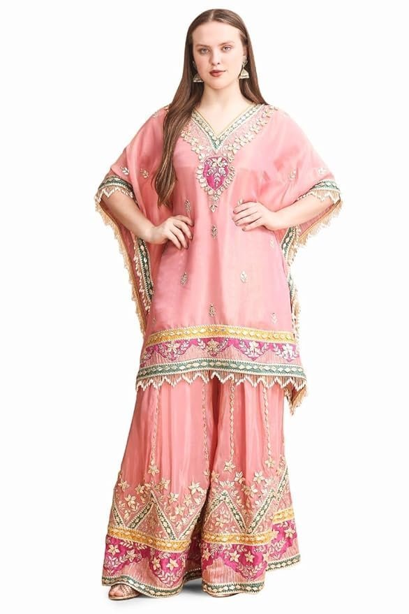 Traditional Embroidered Kaftan Palazzo Set, Pink, V-Neck with Fringe Details, Floral Embellished