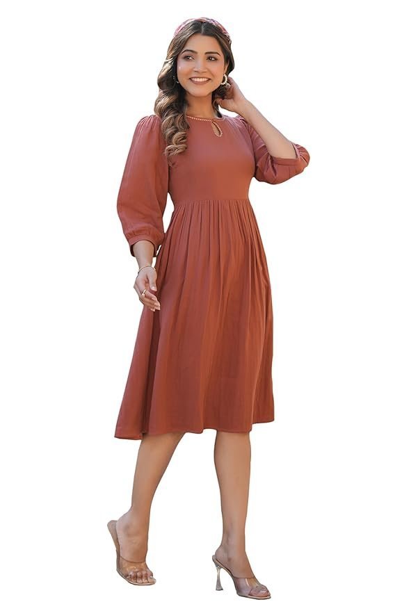 Women's Rust Orange Pure Cotton Solid Fit & Flare Dress