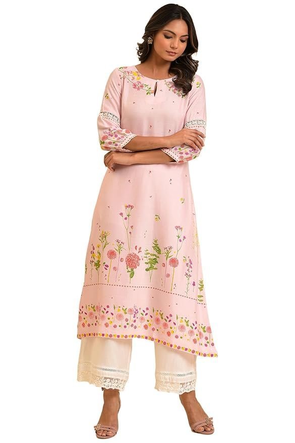 W for Woman Light Pink Floral Printed Summer Kurta