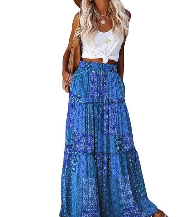 Womens Casual High Waist Tiered Paisley Print Long Maxi Skirt with Pockets, Blue, X-Large