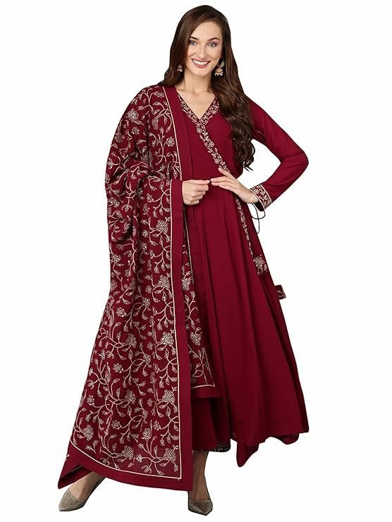 Vaamsi Women's Georgette Embroidered Flared Angrakha Pant With Dupatta With Inner