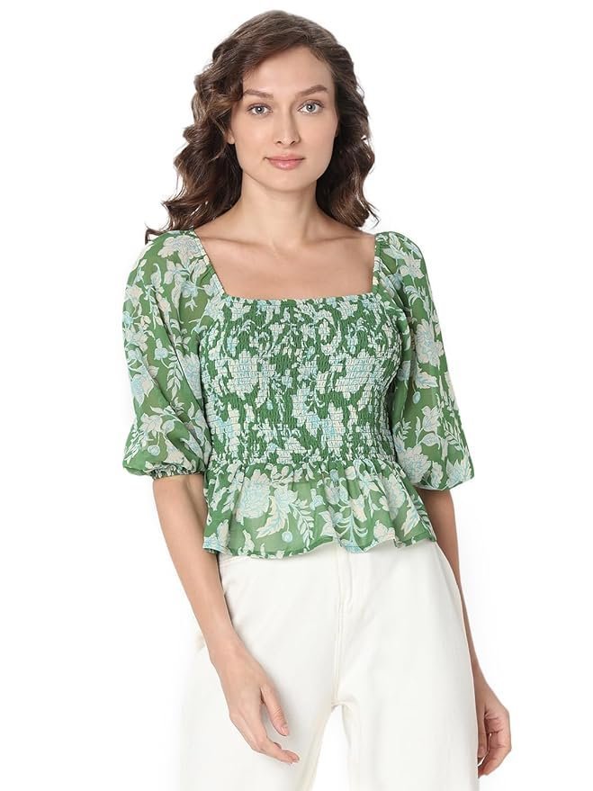 VERO MODA Floral Printed Puff Sleeve Cinched Waist Crop Top