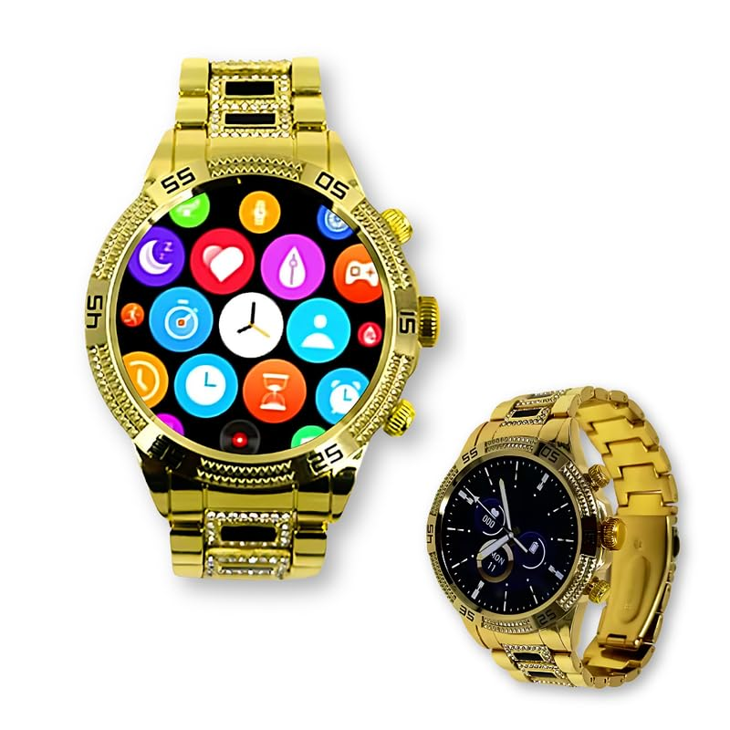 Drumstone 𝟏𝟓 𝐘𝐞𝐚𝐫𝐬 𝐆𝐮𝐚𝐫𝐚𝐧𝐭𝐞𝐞 Luxury Round Smartwatch Gen 15 with 1.55" AMOLED Display, Bluetooth Calling, Fitness Tracker, Music Control, Gold Strap, Stylish Watch for Men & Women