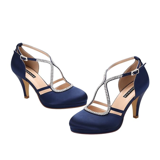 ERIJUNOR Women Comfort Low Heel Closed-Toe Ankle Strap Platform Satin Bridal Wedding Shoes - Image 2