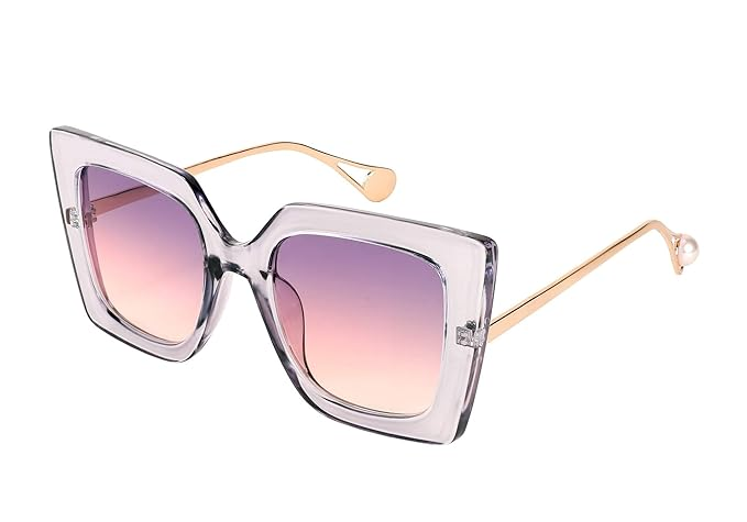 Karsaer Sunglasses Womens Trendy, Oversized Square Shades, Pearl Inlay Cat Eye Frame UV400 Protection E1051