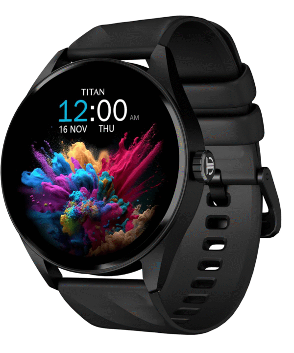 Titan Crest 1.43” AMOLED Smart Watch with BT Calling, AI Morning Briefs, Functional Crown, Health Tracking, Aluminium Body, 100+ Sports Modes, Smartwatch for Men and Women - Black Silicone Strap