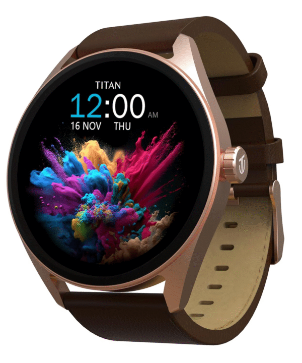 Titan Crest 1.43” AMOLED Smart Watch for Productivity with BT Calling, AI Morning Briefs, Functional Crown, Health Tracking, Aluminium Body, 100+ Sports Modes, Smartwatch for Men and Women - (Brown)