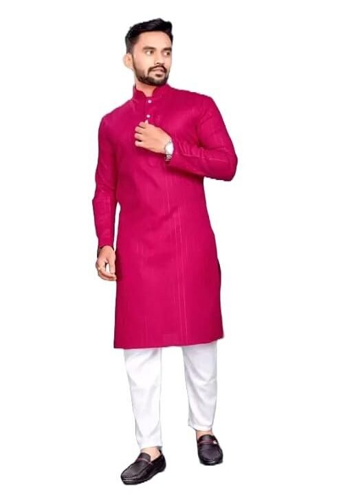 Mens' Cotton Straight Zari Lining Kurta (in, Alpha, XS, Rani)