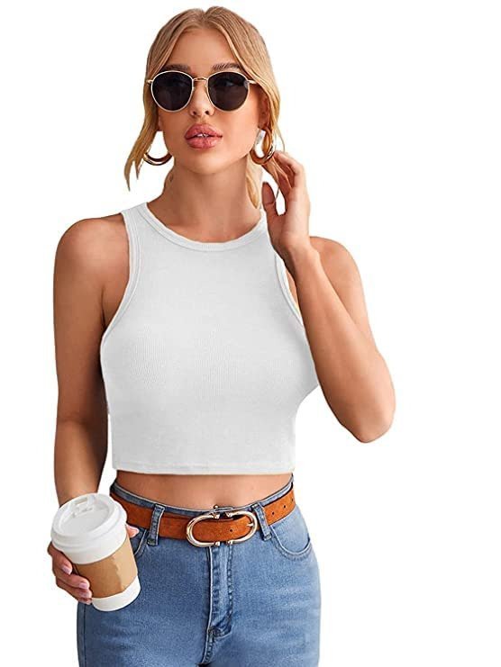Women's Basic Sleeveless Crop Top Halter Neck Racer Back Rib Knit Tank b-CT-02