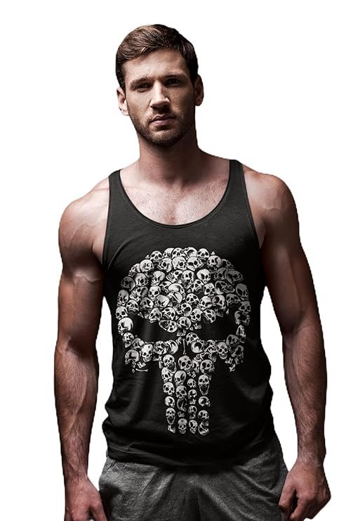 Cotton Graphic Tank Top, Black Skull Print, Casual Round Neck, Regular Fit, All Season Wear, City Theme, Adult Size