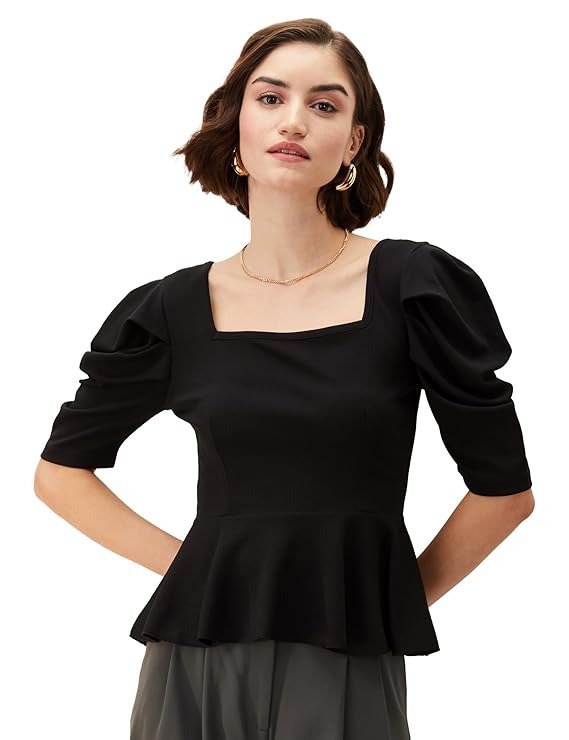 Women's Solid Crepe Square Neck Puff Sleeve Regular Fit Peplum Knit Top